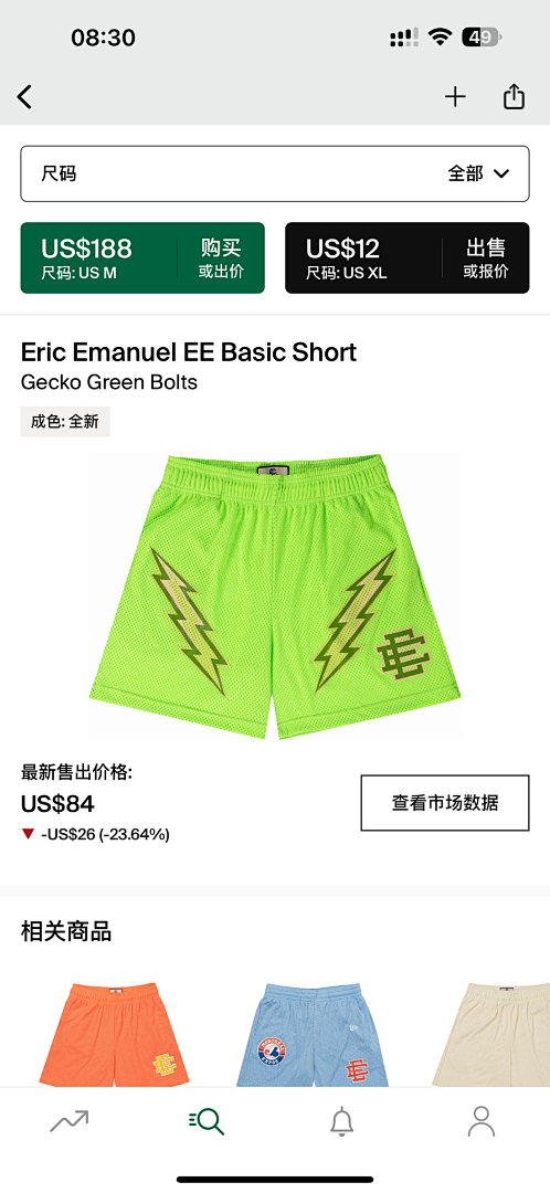 Eric Emanuel Shorts — Basic Gecko Green Bolts angle 1