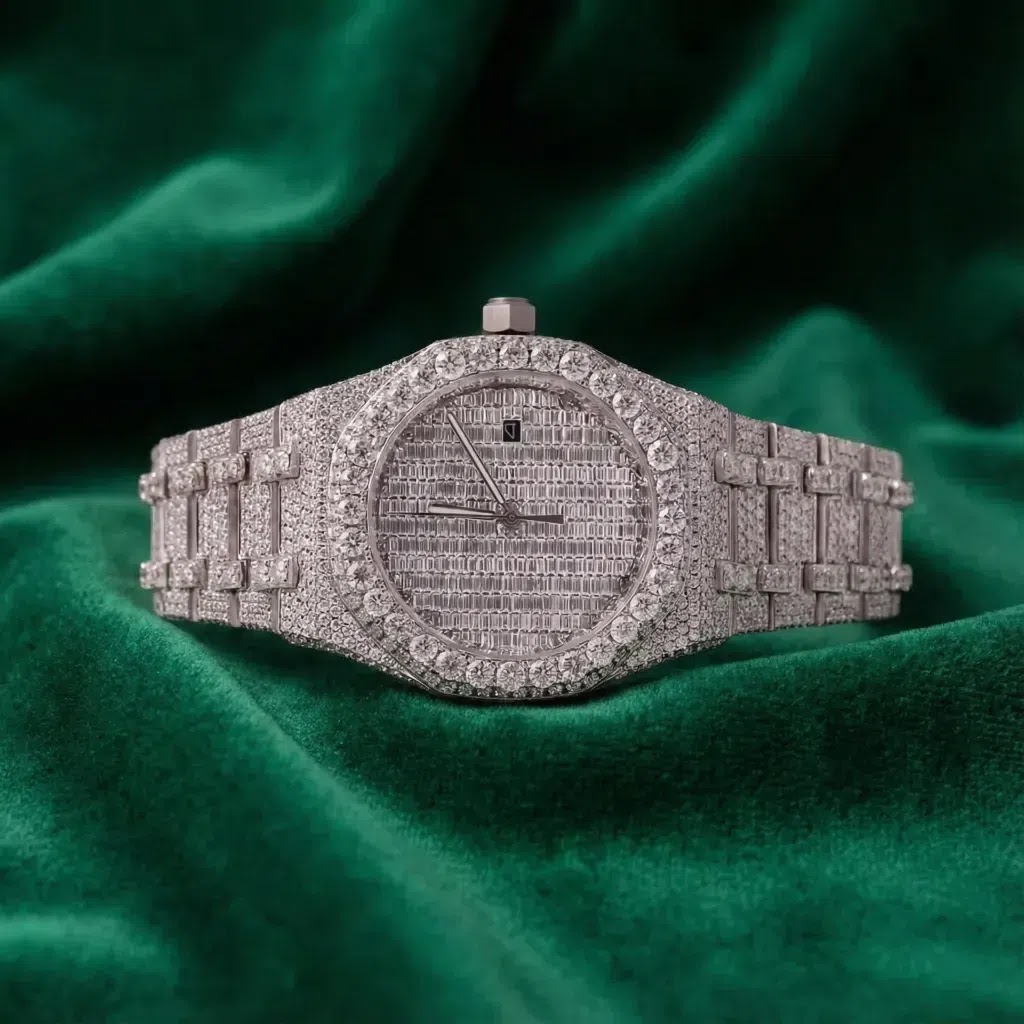 Audemars Piguet Royal Oak–Inspired Fully Iced Automatic Watch Silver Stainless Steel Diamond Pavé Dial