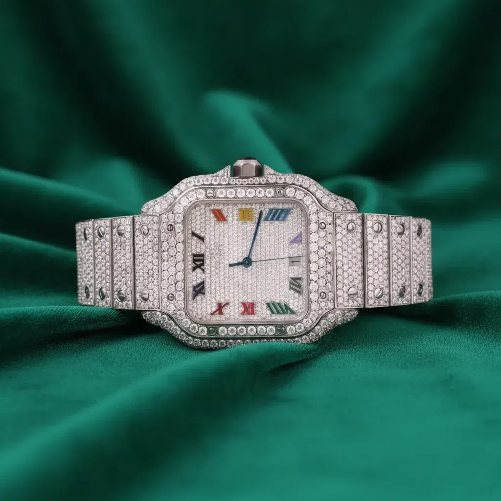 Cartier Multicolor Roman Dial Fully Iced Square Watch Diamond Bezel Luxury Automatic Timepiece
