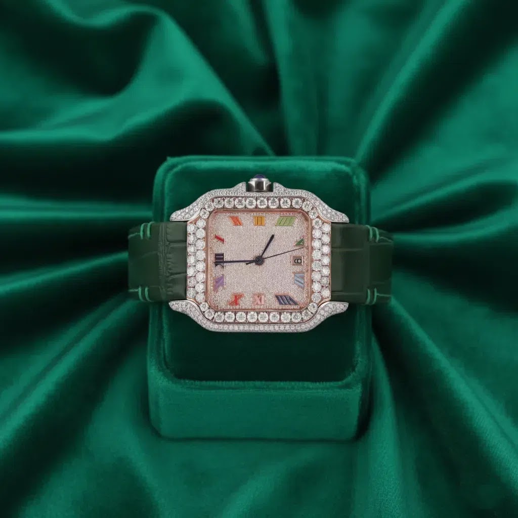 Cartier Santos–Inspired Multicolor Roman Dial Iced Square Watch Green Strap Diamond Bezel Luxury Timepiece