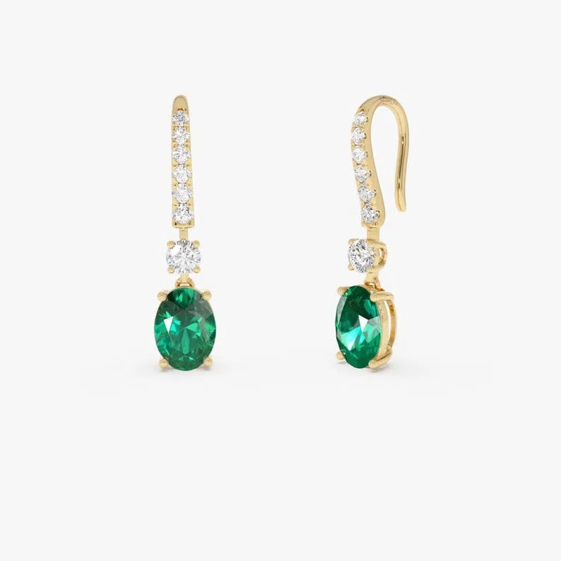 14k Gold Emerald & Diamond Drop Earrings, 2.80 CTW Lab Grown Colombian Emeralds and Diamonds, Colombian Emerald Oval…