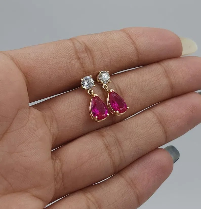 14K Gold Ruby Earrings, Ruby Diamond Earrings, Lab Grown Diamond Ruby Teardrop Stud Earrings, July Birthstone Earrings Angle 1