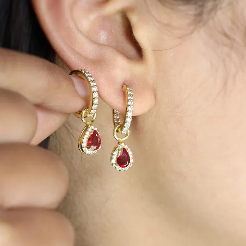 AAA Red rose ruby earrings, pear drop ruby earrings for women, Anniversary gift, Gemstone earrings, July birthstone,… Angle 1
