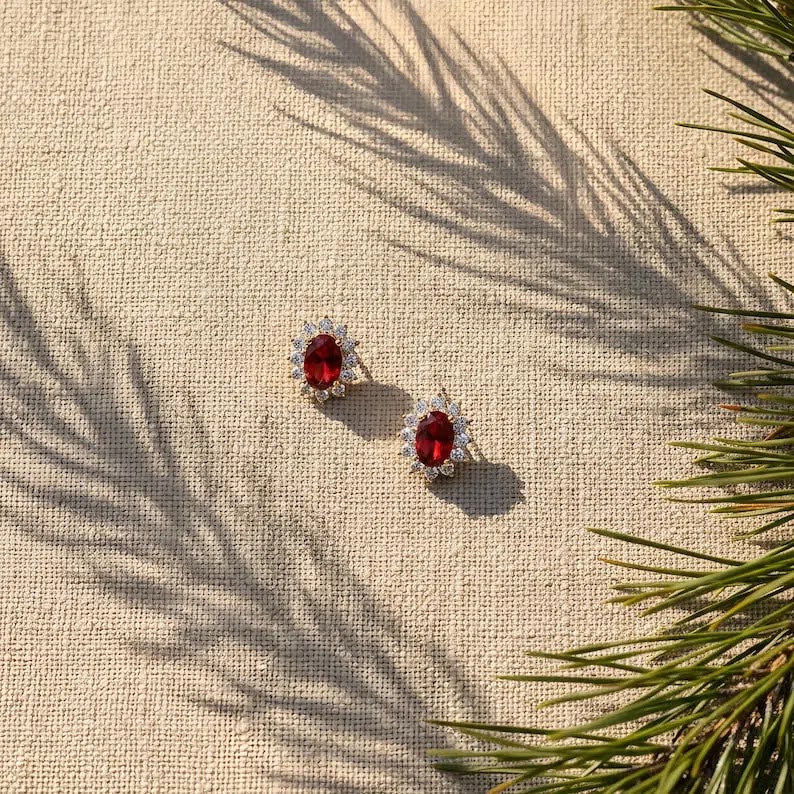 Ruby Halo Stud Earrings | Oval Red Ruby Jewelry | July Birthstone Earrings for Women | 14K Gold Halo Studs | Romantic… Angle 1