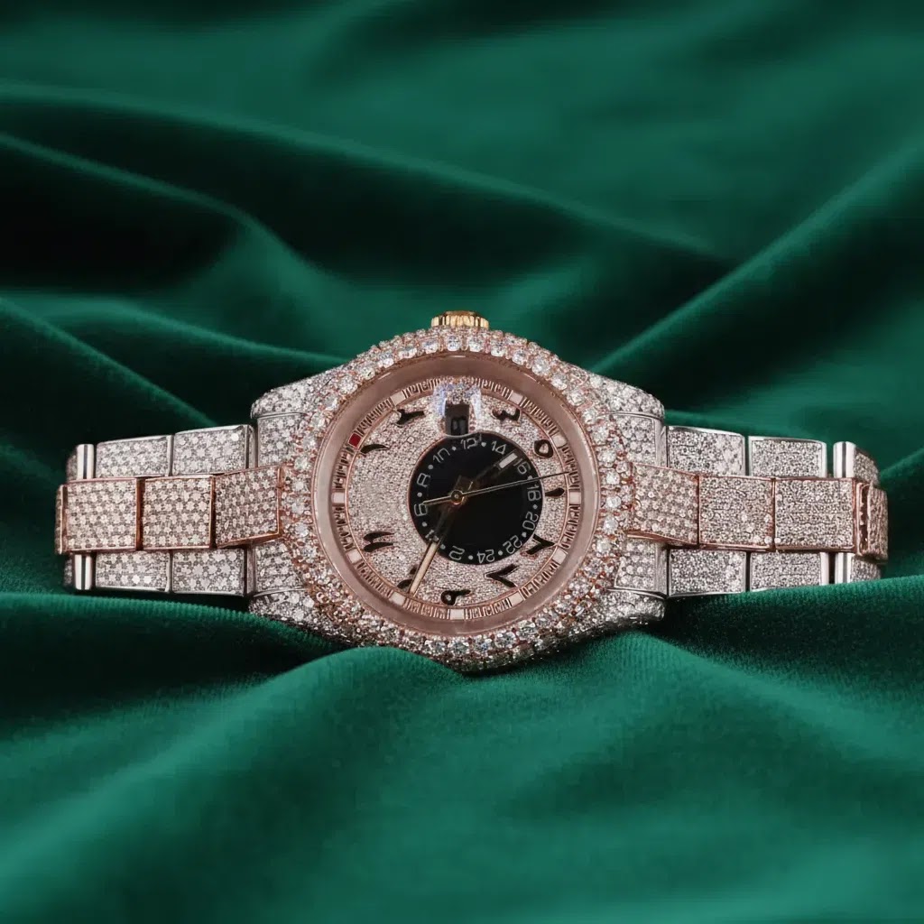 Luxury Rolex Fully Iced Automatic Stainless Steel Watch Rose Gold Pave Dial Arabic Numeral Statement Timepiece