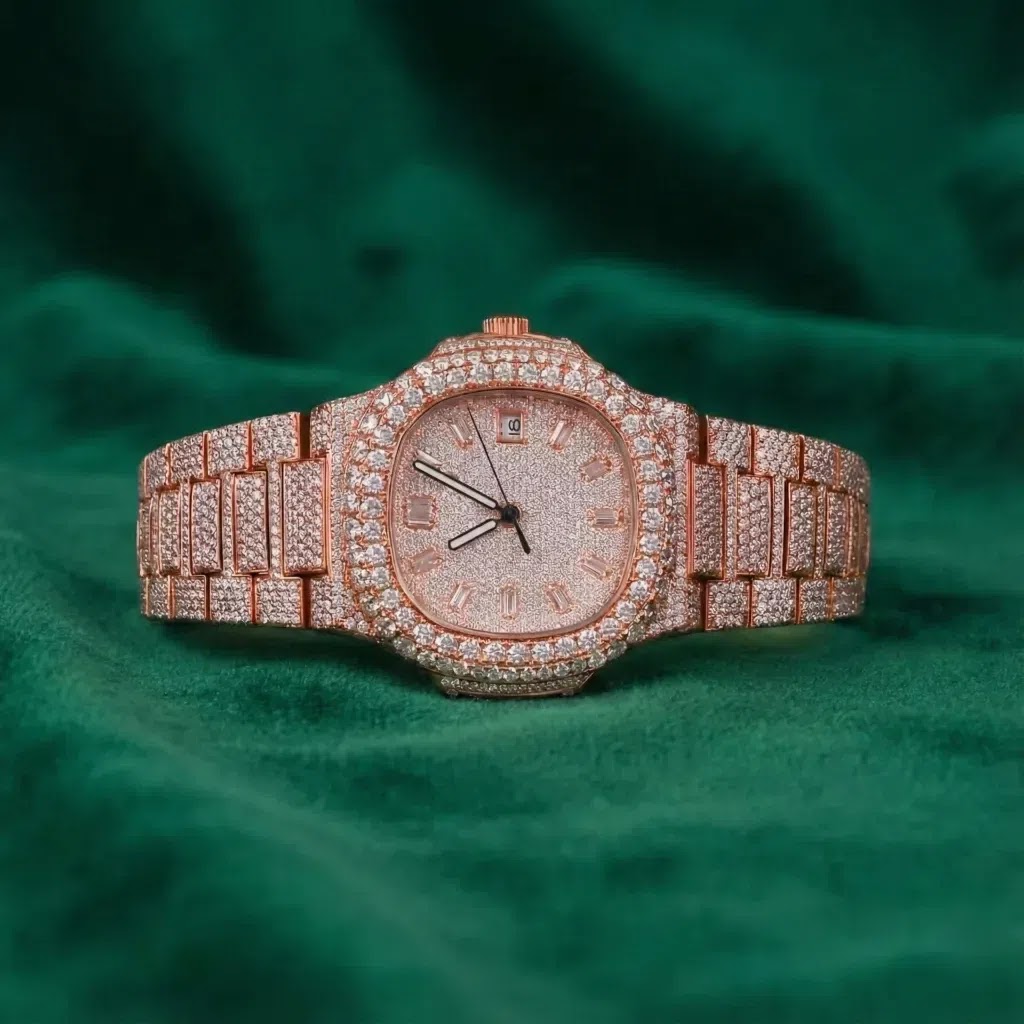Luxury Rose Gold Fully Iced Moissanite Automatic Watch Stainless Steel Pavé Diamond-Look Timepiece Angle 1