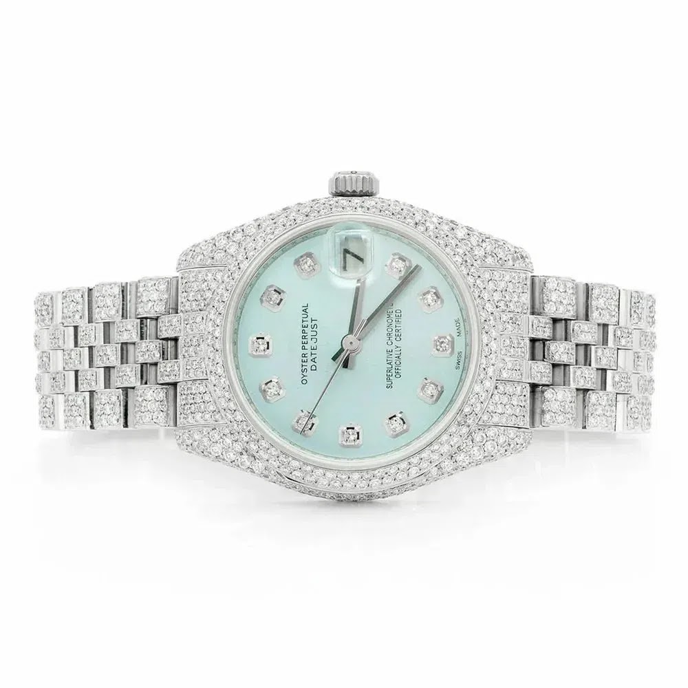Rolex Datejust Style Full Iced Automatic Chronograph Watch Silver Stainless Steel with Ice Blue Diamond Dial