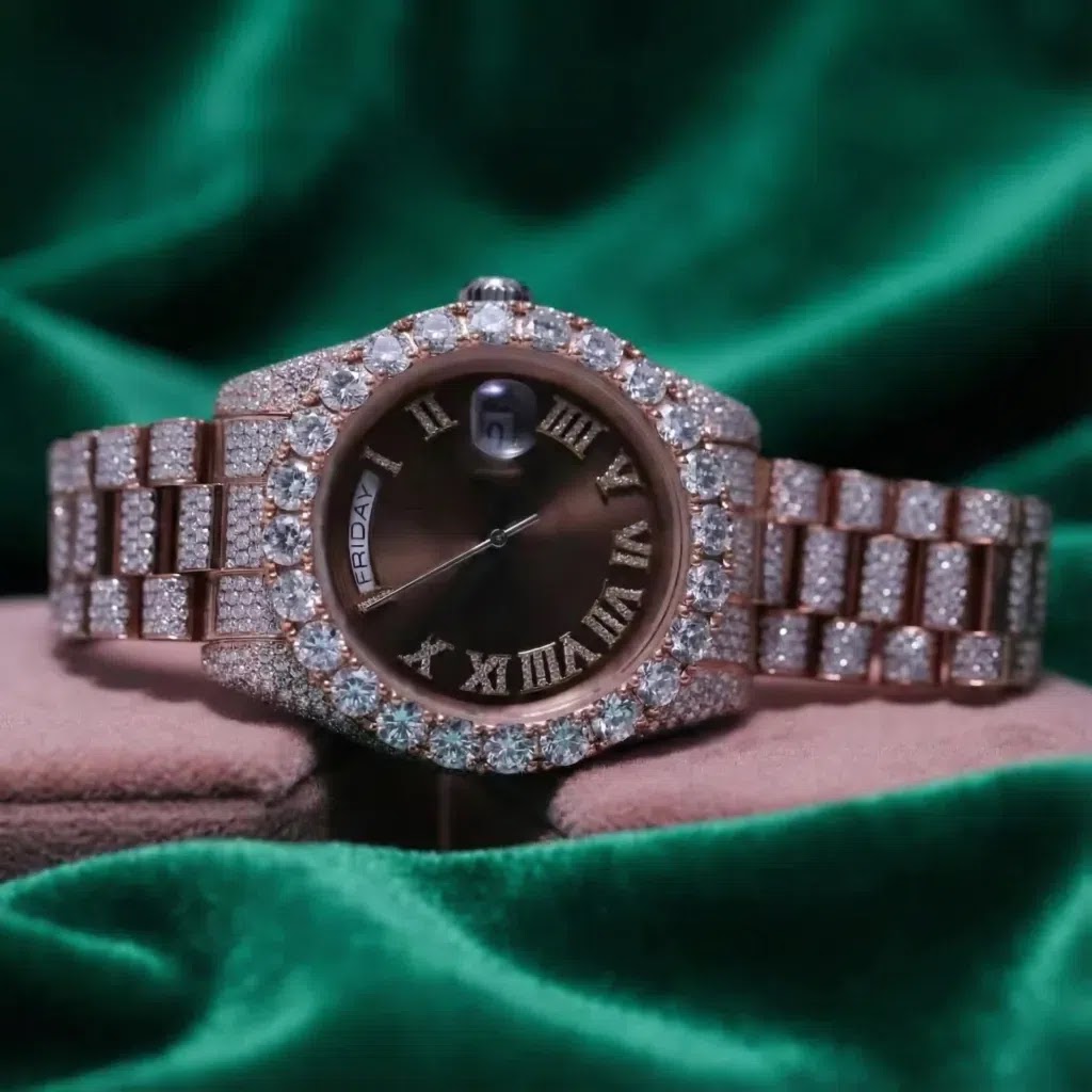Rolex Day-Date Fully Iced Automatic Stainless Steel Watch Rose Gold Pavé Roman Numeral Diamond-Look Timepiece