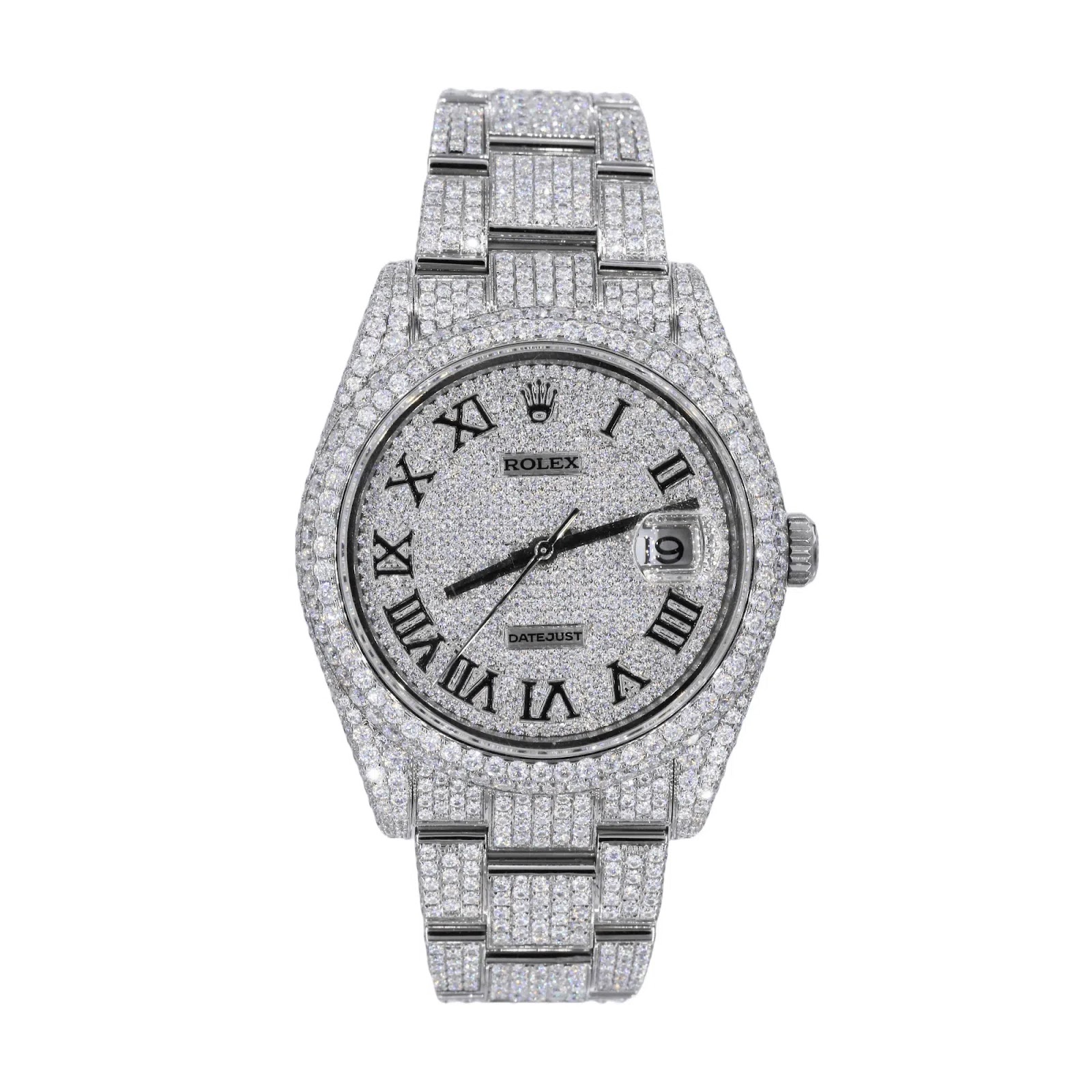 Rolex Day-Date Style Full Iced Silver Automatic Chronograph Watch with Diamond Bezel & Roman Dial