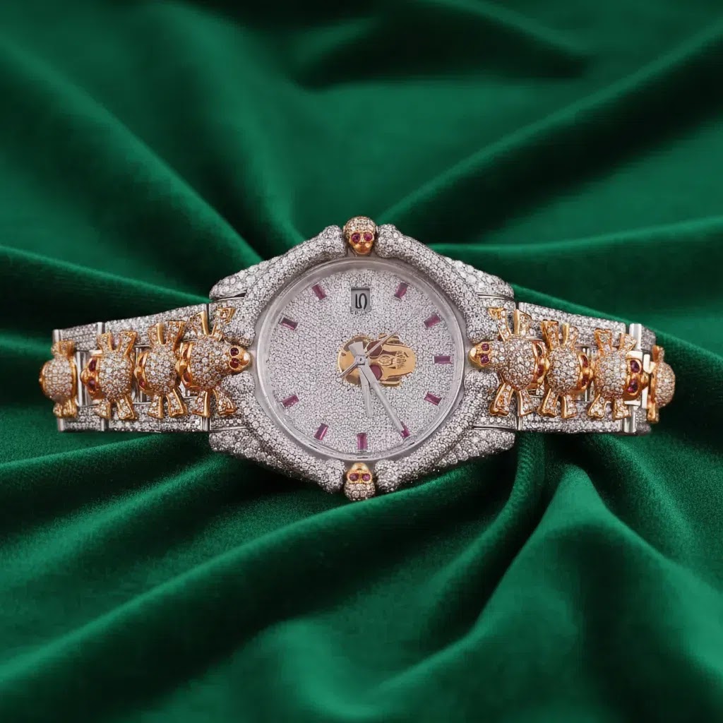 Rolex Luxury Fully Iced Automatic Stainless Steel Watch Decorative Bracelet Pavé Diamond-Look Statement Timepiece