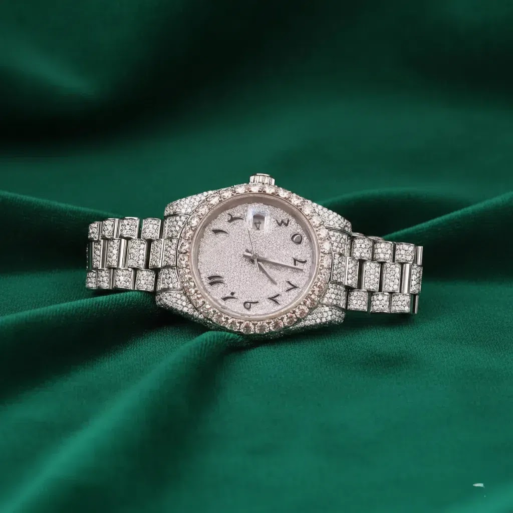 Rolex Premium Automatic Watch with Arabic Numerals Fully Iced Stainless Steel